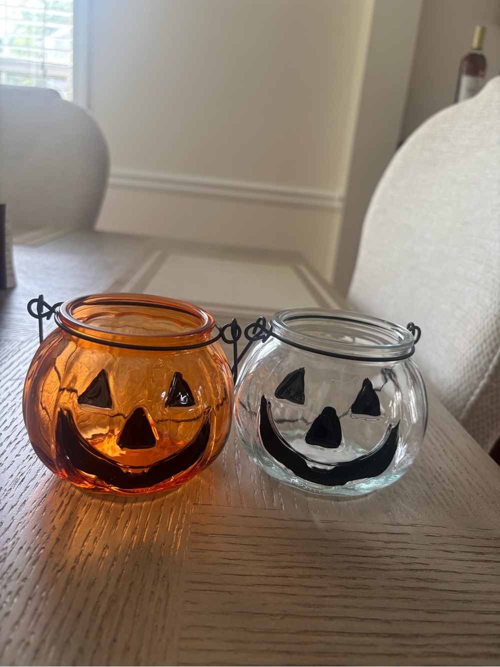 Halloween Orange  Glass Jack-o-Lantern Candle Holder w/ Handle Set of 2